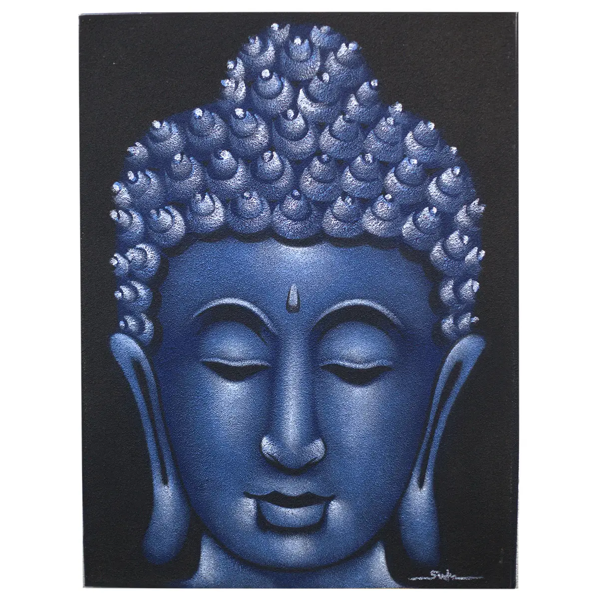 Blå buddhamålning med sandfinish på canvas och svart bakgrund
