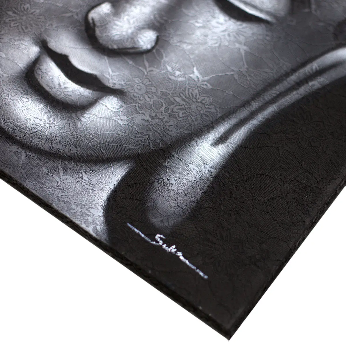 Buddhamålning med grå brokaddetalj på canvas - produktbild 2