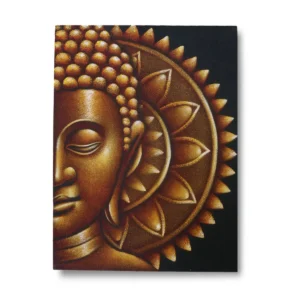 Detaljerad buddhamålning med halvmåne och mandala i guldtoner på svart bakgrund