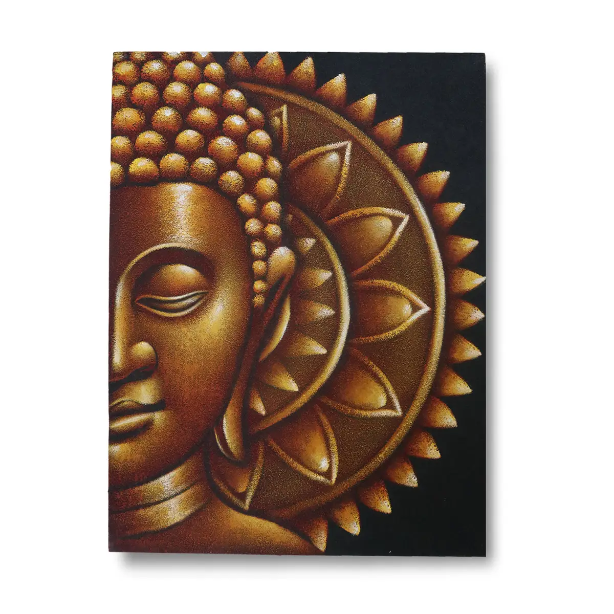 Detaljerad buddhamålning med halvmåne och mandala i guldtoner på svart bakgrund