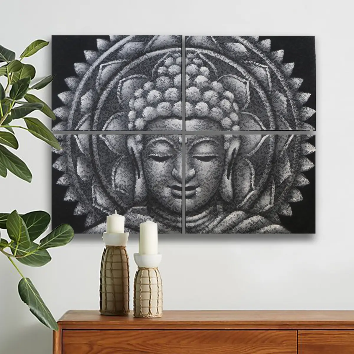Buddhamålning med mandalamönster i grått 30x40 cm, 4 delar - produktbild 2