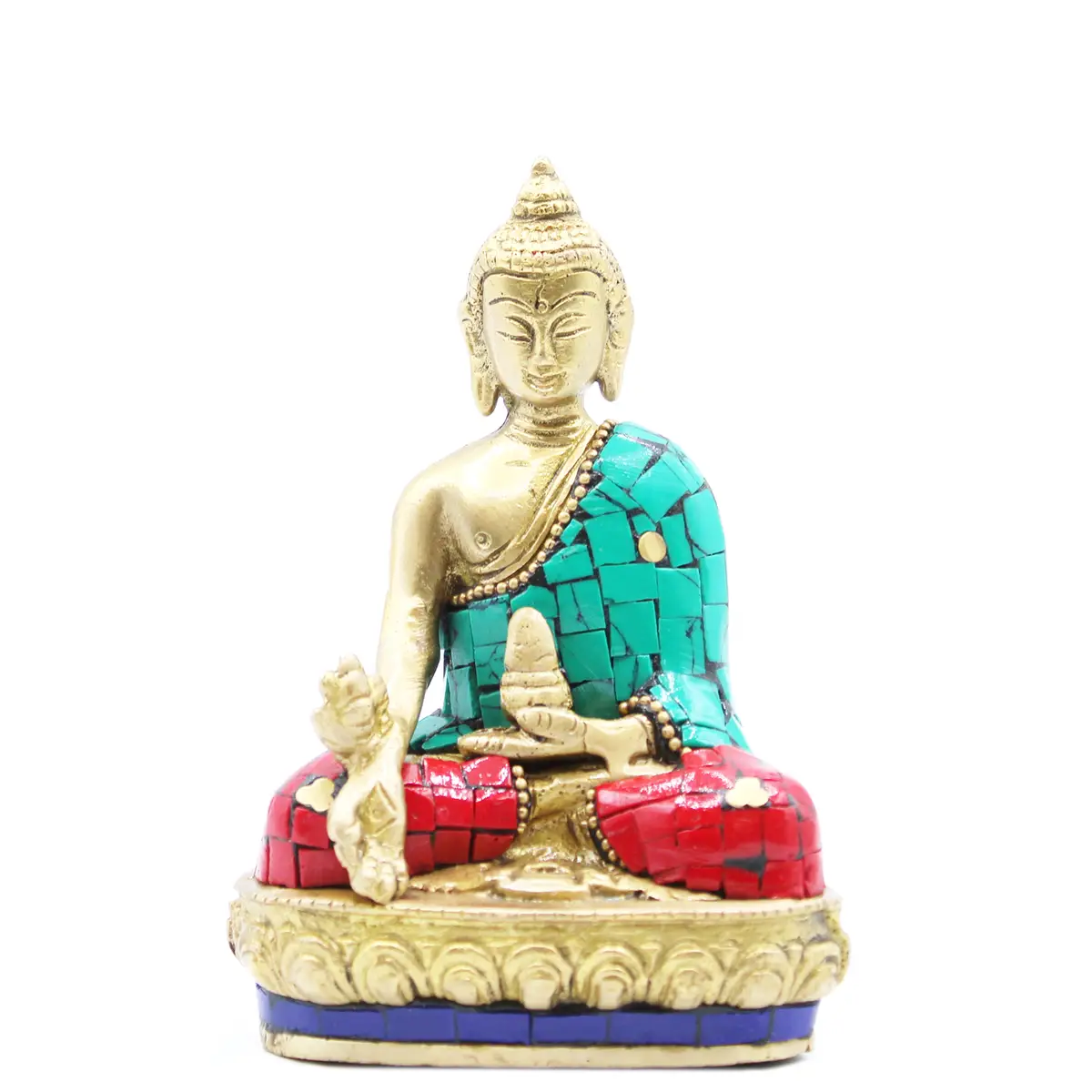 Handgjord buddhastaty i mässing med röda och turkosa stenliknande detaljer