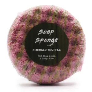 Rund Butter Bubble tvättsvamp Emerald Truffle i rosa och grönt inslagen i plast