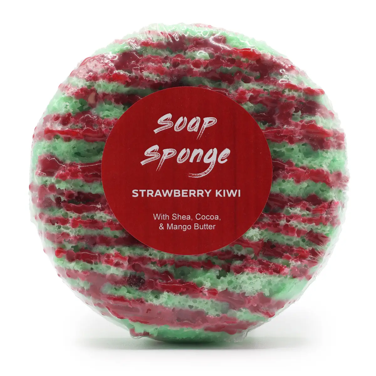 Rund tvättsvamp med röd och grön randig struktur och röd etikett med texten Soap Sponge Strawberry Kiwi
