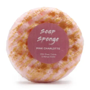 Rund rosa och beige Butter Bubble tvättsvamp med tvål Pink Charlotte i plastförpackning
