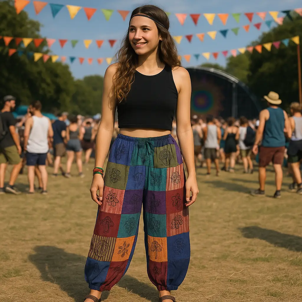 Ung kvinna i färgglada byxor med svamptryck på utomhusfestival