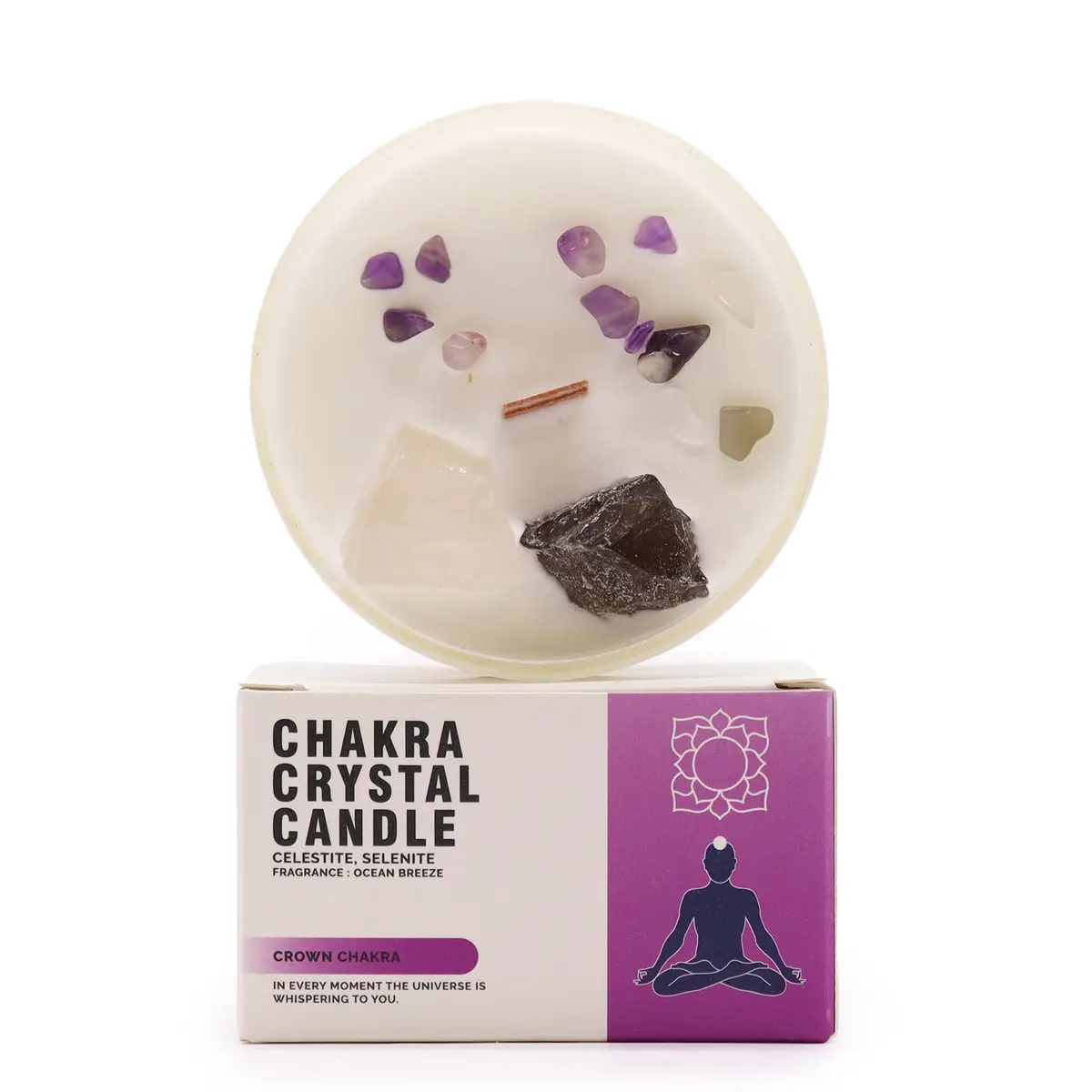 Chakra kristalljus för kronchakra med synliga kristaller och förpackning