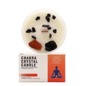 Chakra kristalljus för rotchakrat med ädelstenar i sojavax och förpackning