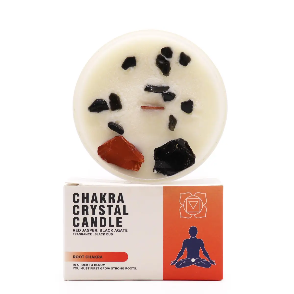 Chakra kristalljus för rotchakrat med ädelstenar i sojavax och förpackning
