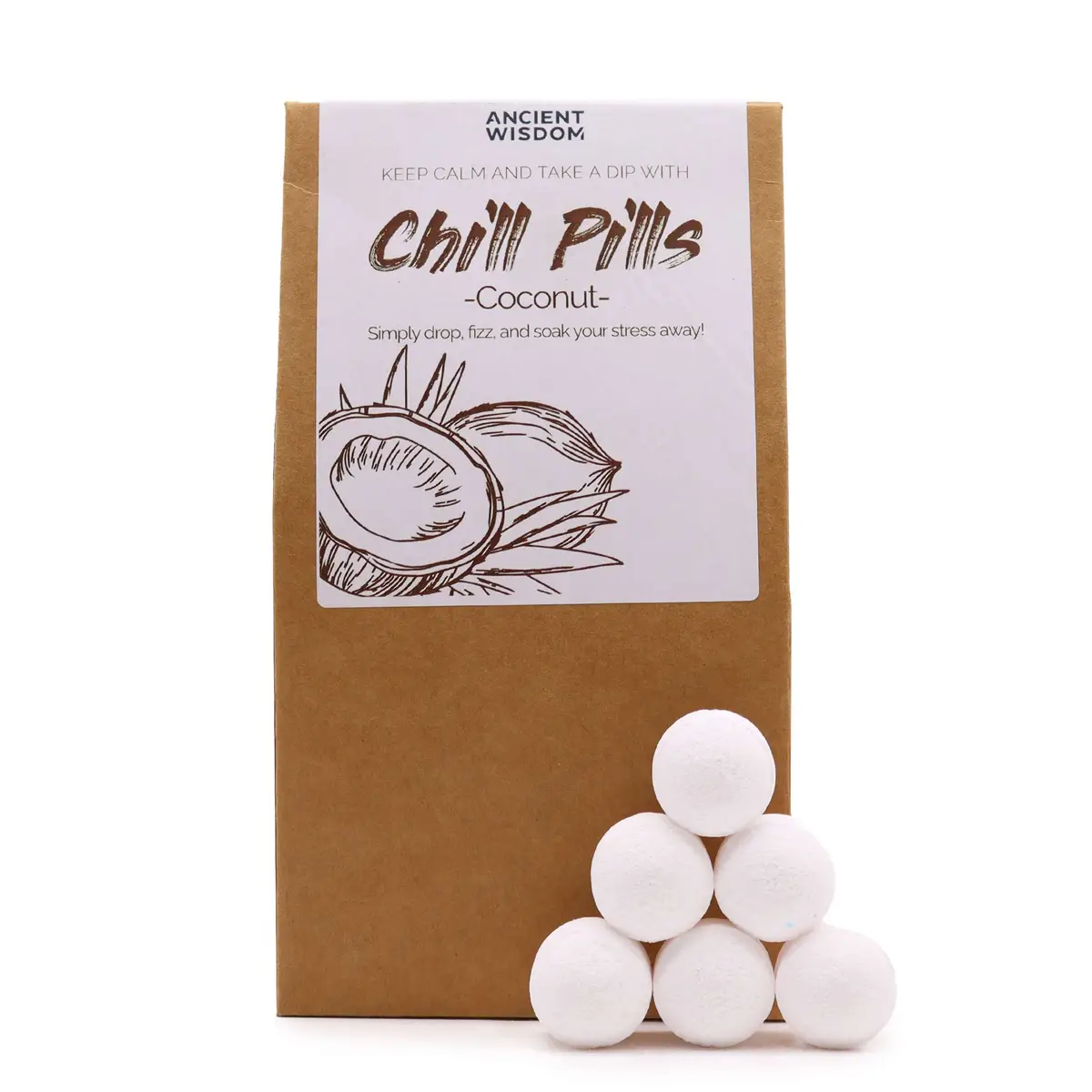 Brunt presentpaket med Chill Pills badbomber och illustration av kokosnöt