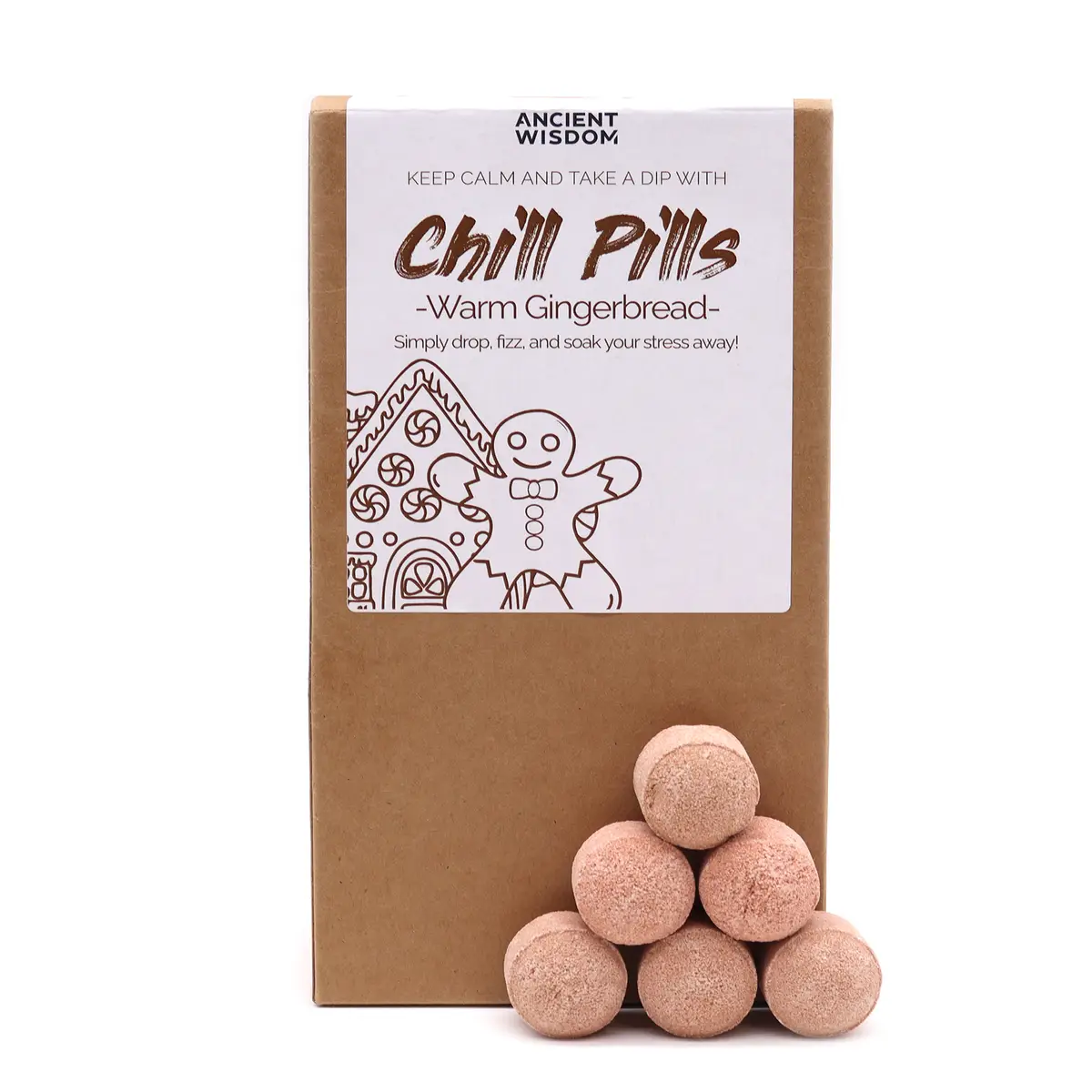 Chill Pills presentpaket med varm pepparkaksdoft och badbomber i brun förpackning