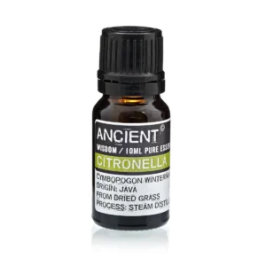 Flaska med citronella eterisk olja 10 ml med svart lock och etikett