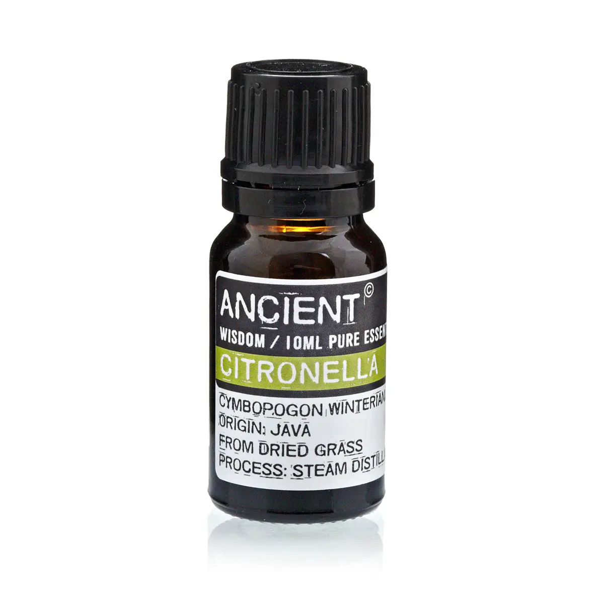 Flaska med citronella eterisk olja 10 ml med svart lock och etikett