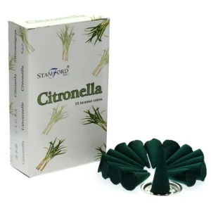 Förpackning med Stamford Premium Citronella rökelsekoner och metallhållare