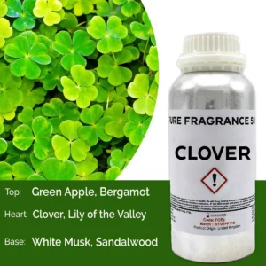 Flaska med Clover Pure doftolja 500 ml och närbild på gröna klöverblad