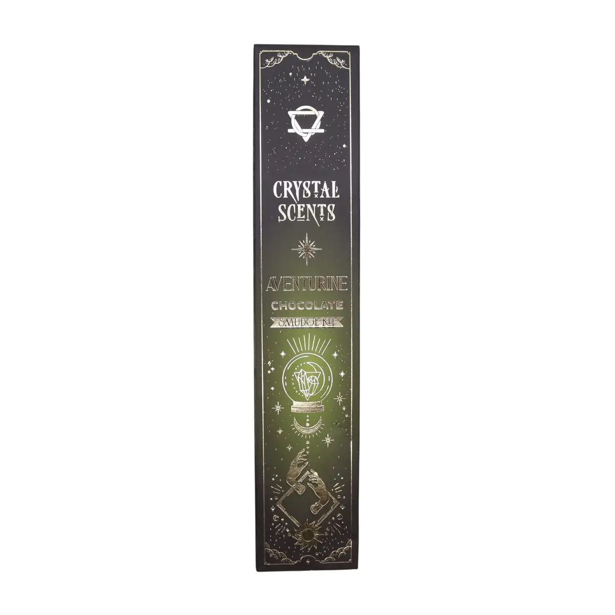 Förpackning med Crystal Scents rökelsepinnar för rening med aventurin och chokladdoft