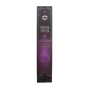 Förpackning med Crystal Scents rökelsepinnar i lavendelfärg med ametistkristaller