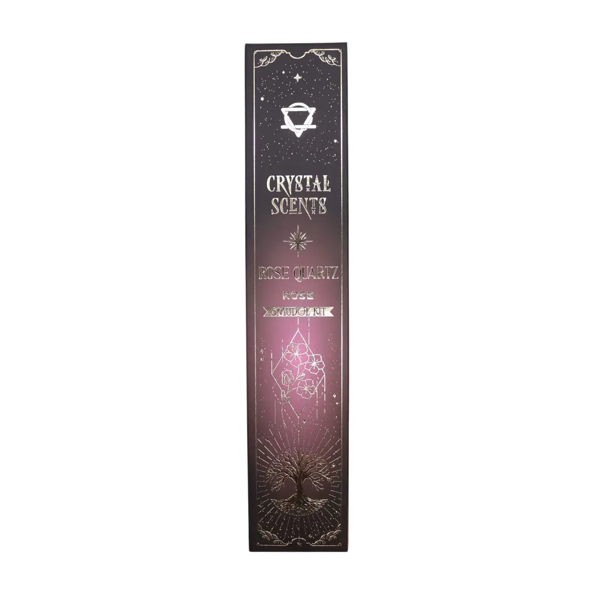 Förpackning med Crystal Scents rökelsepinnar i svart och rosa med stjärnmotiv