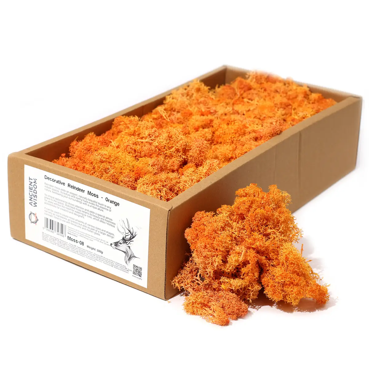 Orange dekorativ renlav i en öppen kartongförpackning