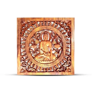 Dekorativ träpanel med utskuren Buddha och blommönster i trä
