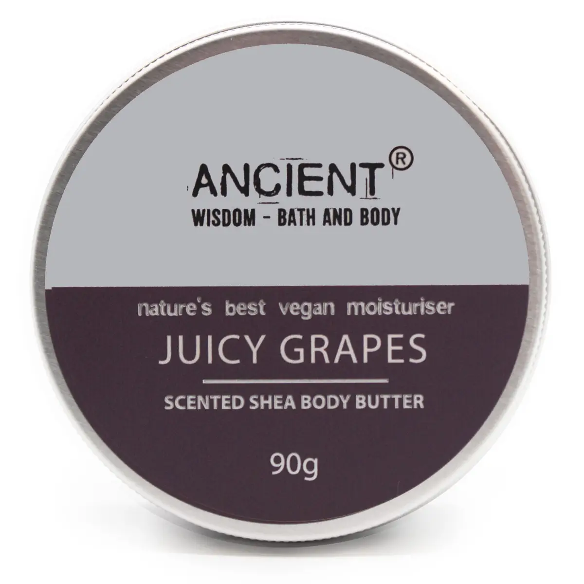Burk med doftande sheasmör body butter Juicy Grapes från Ancient Wisdom