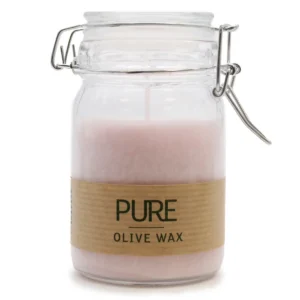 Doftljus i glasburk med rosa olivvax och etikett med texten PURE OLIVE WAX