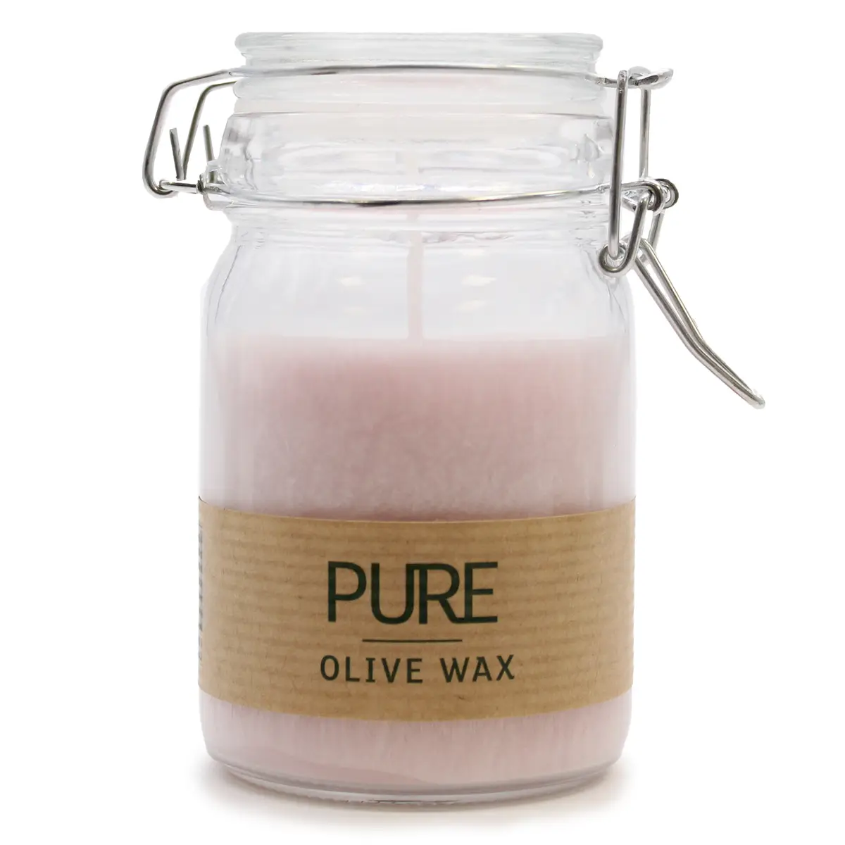 Doftljus i glasburk med rosa olivvax och etikett med texten PURE OLIVE WAX