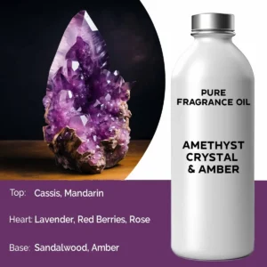 Flaska med ren doftolja Amethyst Crystal & Amber bredvid en ametistkristall