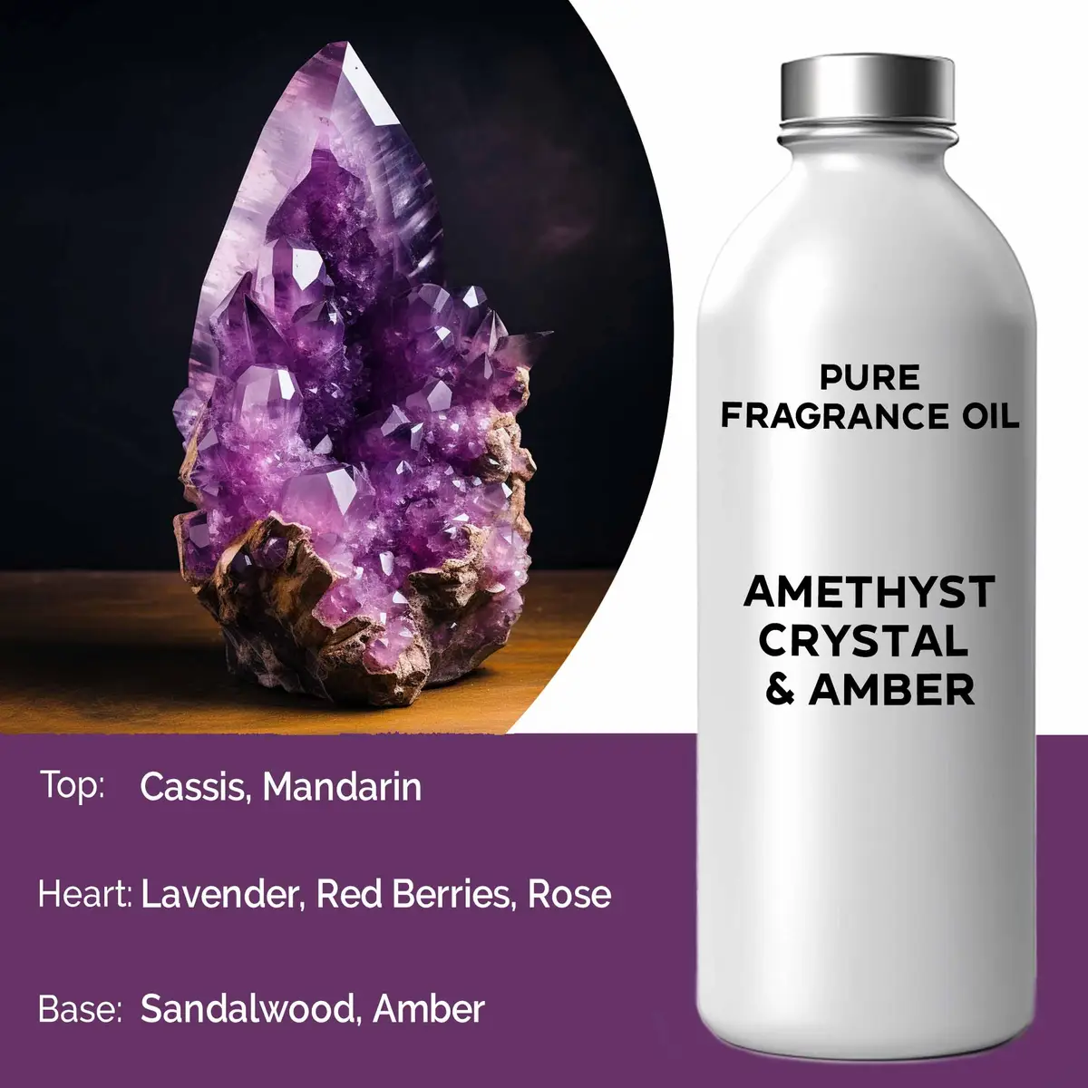 Flaska med ren doftolja Amethyst Crystal & Amber bredvid en ametistkristall