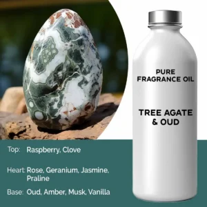 Flaska med ren doftolja Tree Agate och Oud och en agatsten i bakgrunden