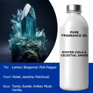 Flaska med ren doftolja Winter Viola och Celestial Smoke bredvid blå kristall