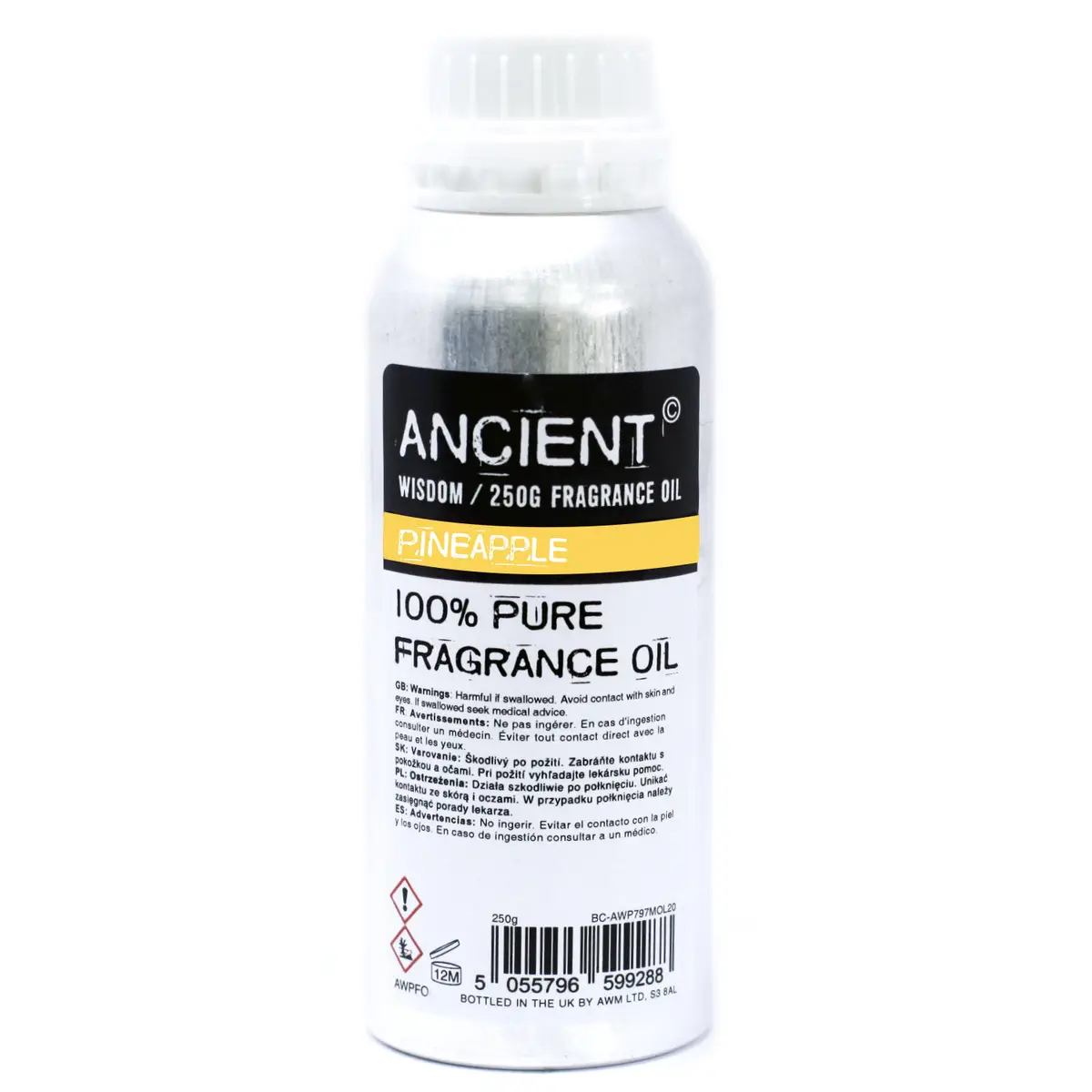 Flaska med doftolja med ananassmak och etikett Ancient Wisdom