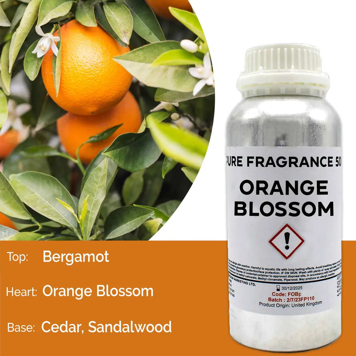 Flaska med doftolja Apelsinblom 500 ml och apelsinblommor på gren