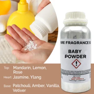 Metallburk med doftolja Baby Powder och hand med puder