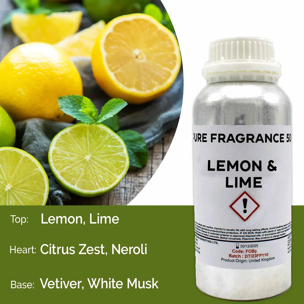 Flaska med doftolja citron och lime bredvid citron- och limeskivor