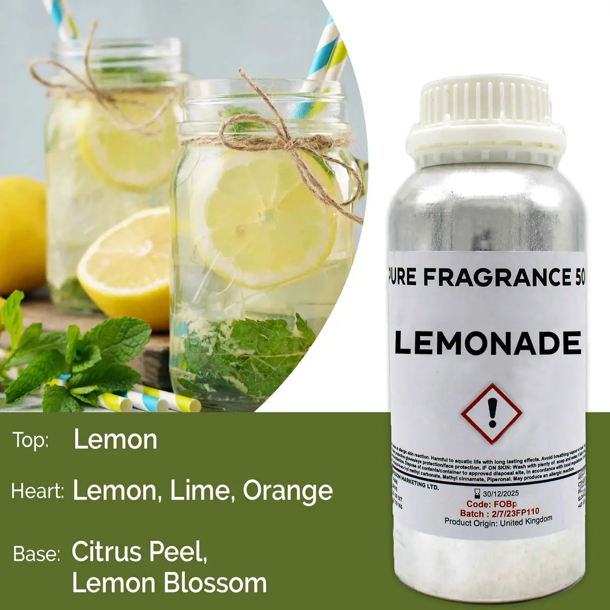 Flaska med doftolja citronlemonad 500 ml och glas med citronlemonad och mynta