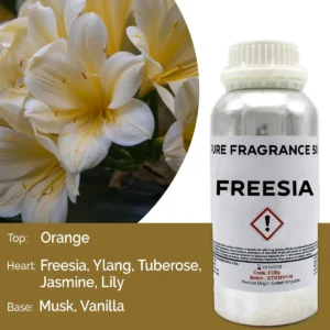 Flaska med ren doftolja Freesia 500 ml och närbild på vita freesiablommor
