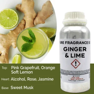 Flaska med doftolja ingefära och lime bredvid limefrukter och ingefärsrot