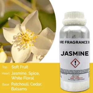 Aluminiumflaska med 500 ml ren jasmin doftolja och närbild på jasminblomma
