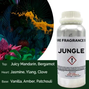 Flaska med Jungle Pure doftolja 500 ml och illustration av tropisk växtlighet