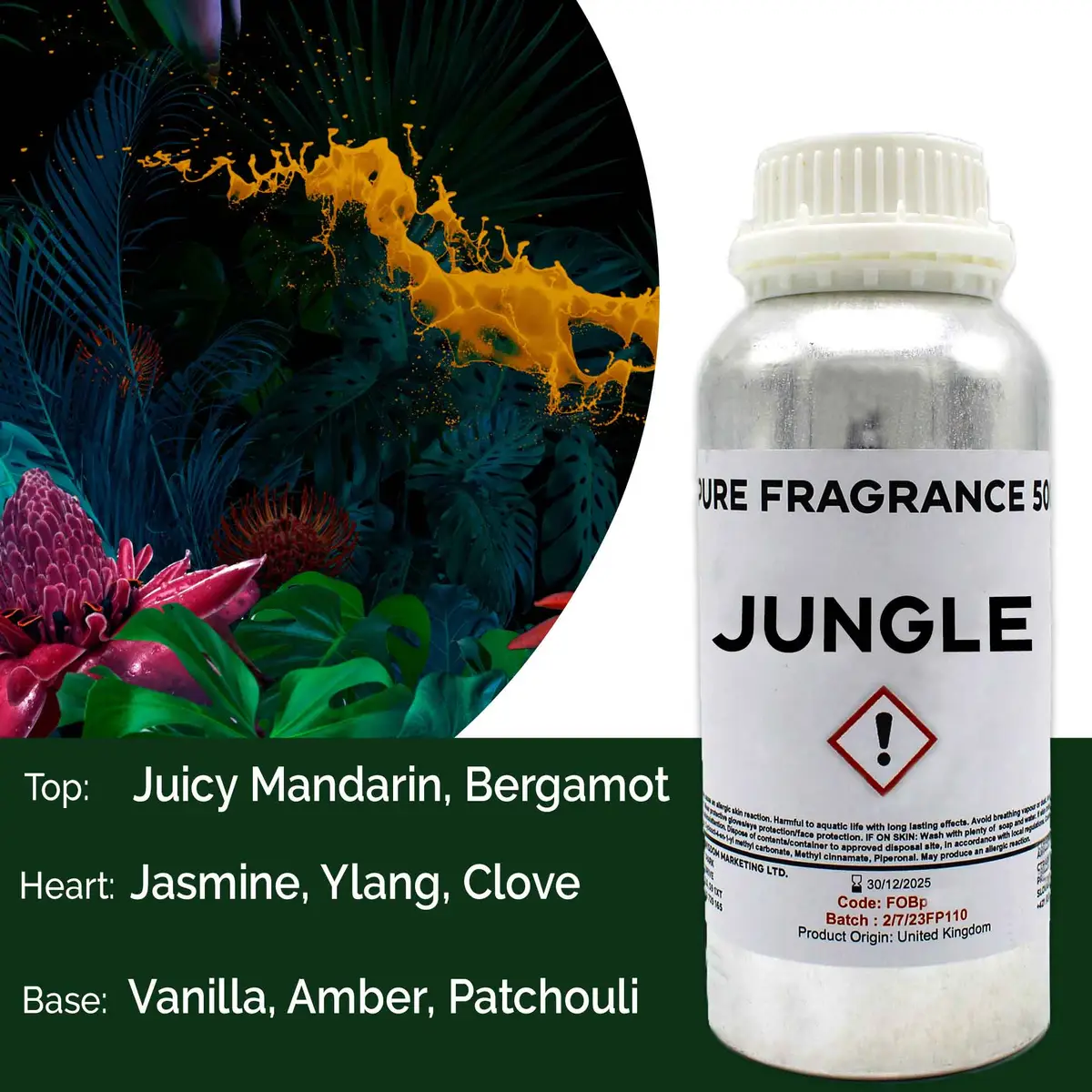 Flaska med Jungle Pure doftolja 500 ml och illustration av tropisk växtlighet