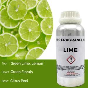 Flaska med ren doftolja lime 500 ml och limefruktskivor i bakgrunden