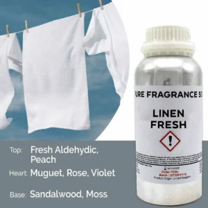 Flaska med doftolja Linen Fresh 500 ml och vita textilier på tork
