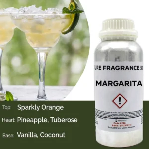 Flaska med doftolja Margarita ren 500 ml och Margarita-cocktailglas med is och lime