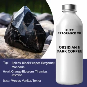 Flaska med ren doftolja Obsidian och Mörkt Kaffe bredvid en svart obsidiansten