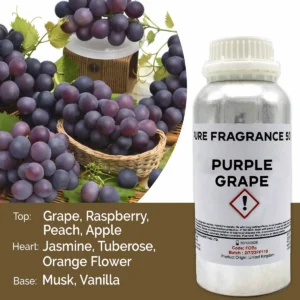 Flaska med Purple Grape doftolja 500 ml och klasar av mörklila druvor