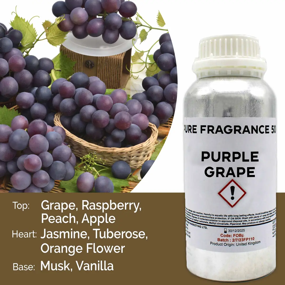 Flaska med Purple Grape doftolja 500 ml och klasar av mörklila druvor