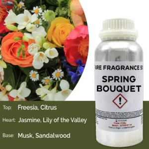 Aluminiumflaska med doftolja Spring Bouquet 500 ml och blommor i bakgrunden