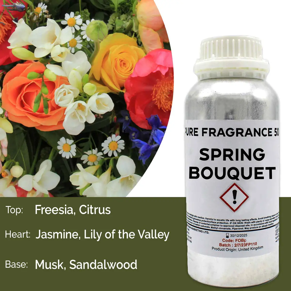 Aluminiumflaska med doftolja Spring Bouquet 500 ml och blommor i bakgrunden