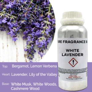 Aluminiumflaska med doftolja vit lavendel och lavendelblommor